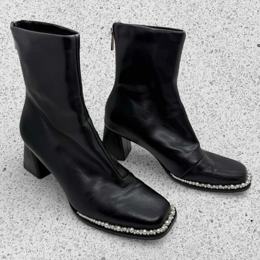 Randa Leather Block Heel Boots Square Toe Black Pearl Beaded Trim size M / US 7